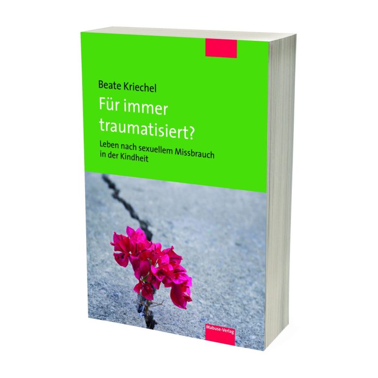 Buchcover "Für immer traumatisiert?" mit pinken Blumen, die aus Asphalt wachsen.